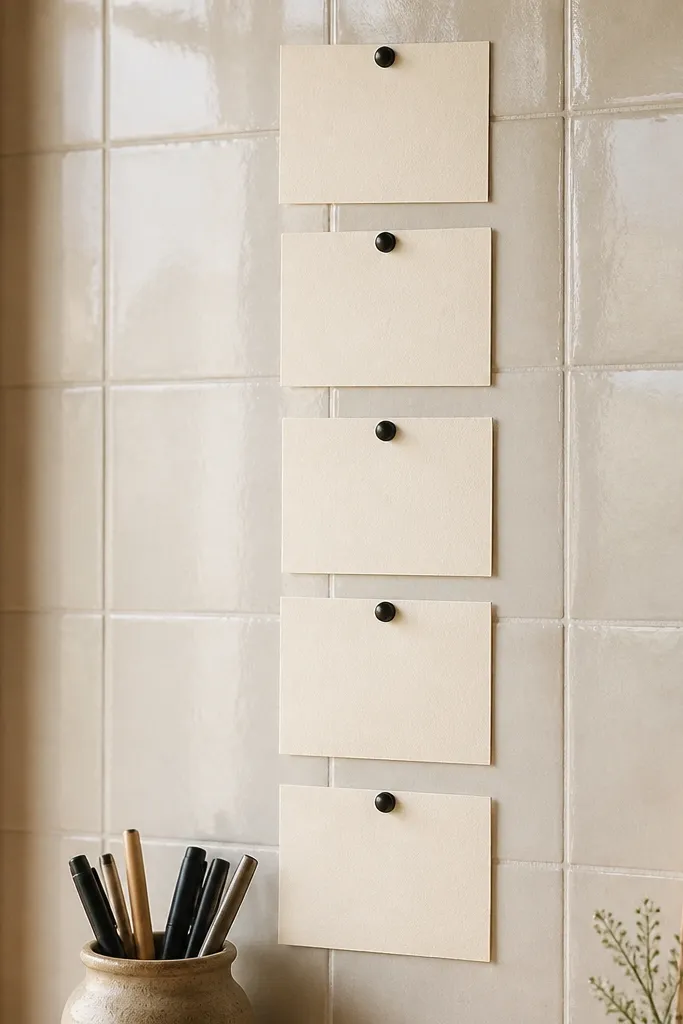 A board covered with warm white ceramic-look tiles. Daily handwritten cards are pinned in a neat column with small black pins. A small jar of pens sits at the bottom.