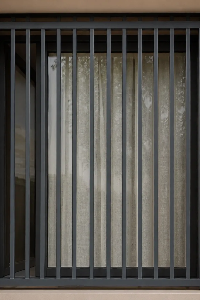 Matte charcoal window grill with a full frame and evenly spaced vertical bars