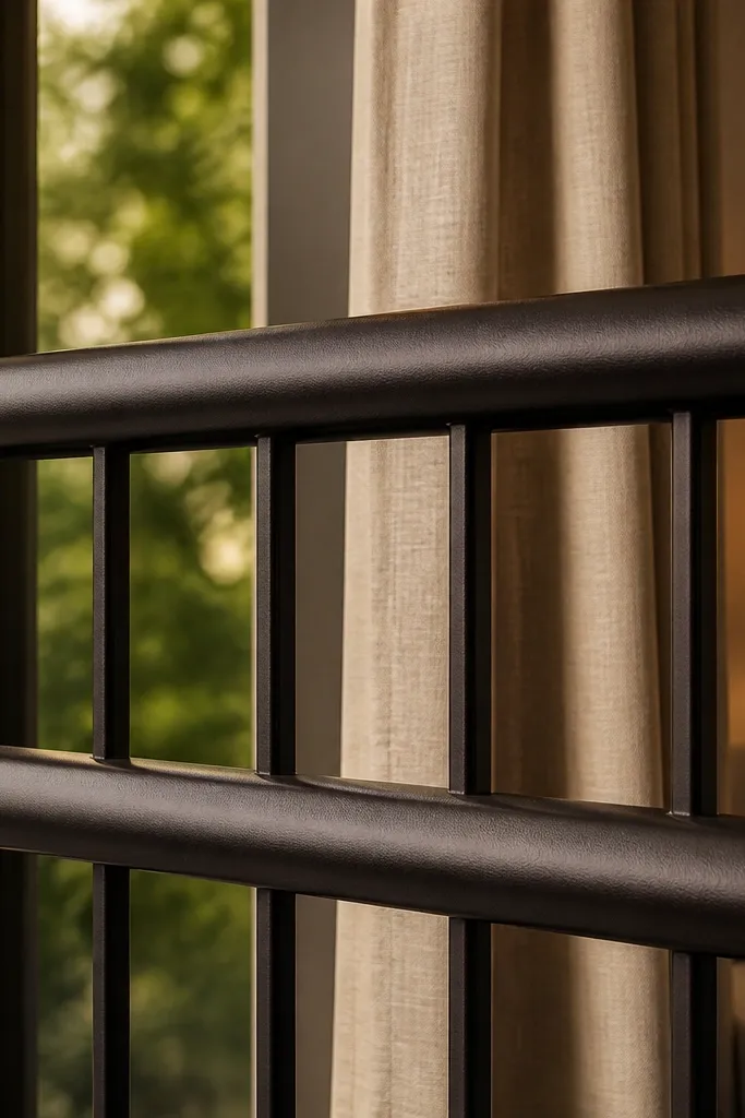 Dark espresso grill with two horizontal rails and vertical safety bars