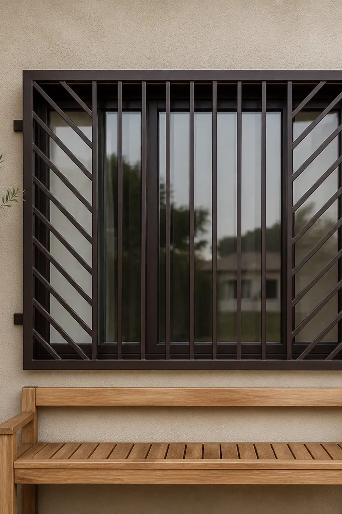 Espresso grill with chevron corner accents and straight center bars