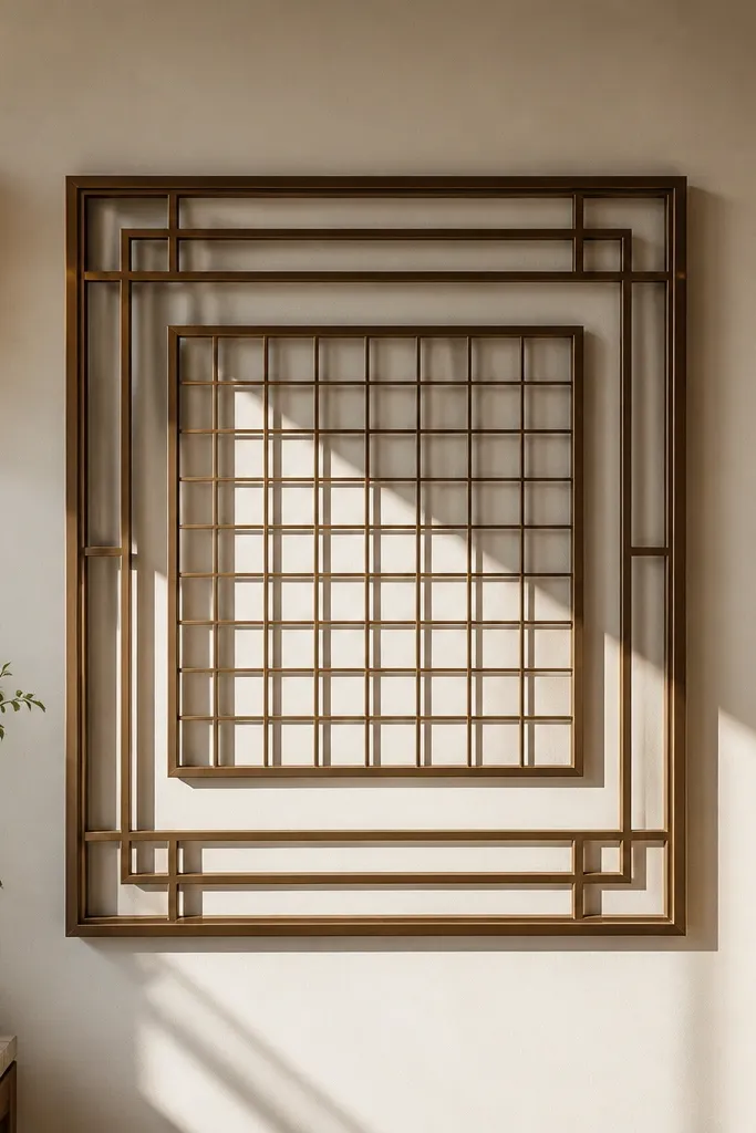 Warm bronze grill with a geometric outer frame and a square grid center
