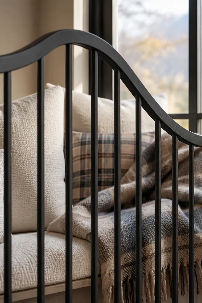 Charcoal grill with a wavy top rail and straight vertical bars