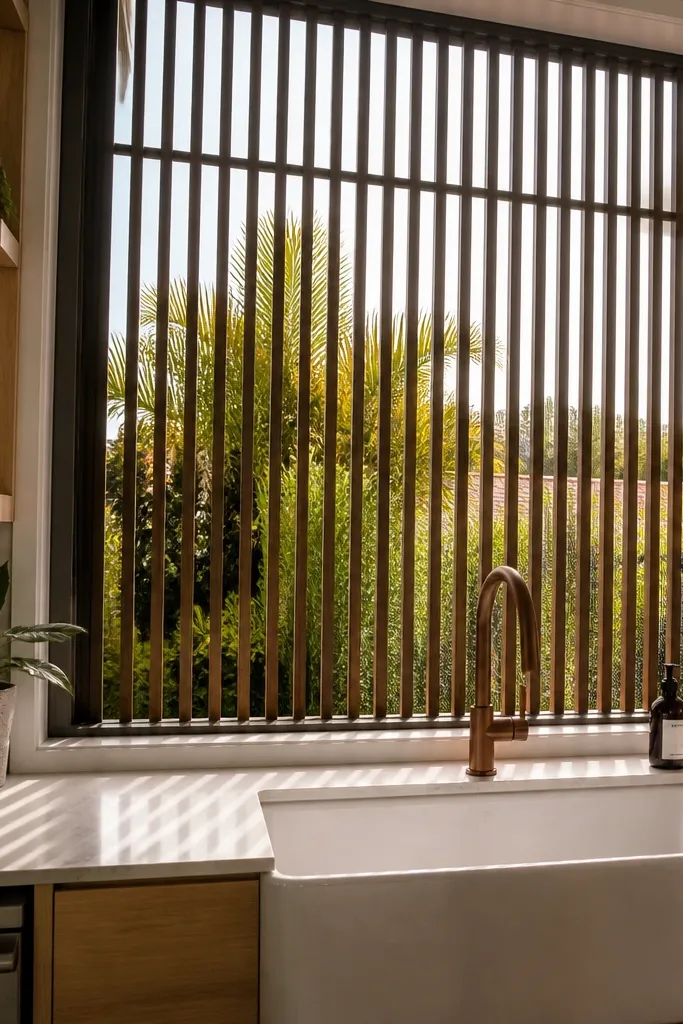 Warm bronze grill with vertical slats and a thin, modern frame