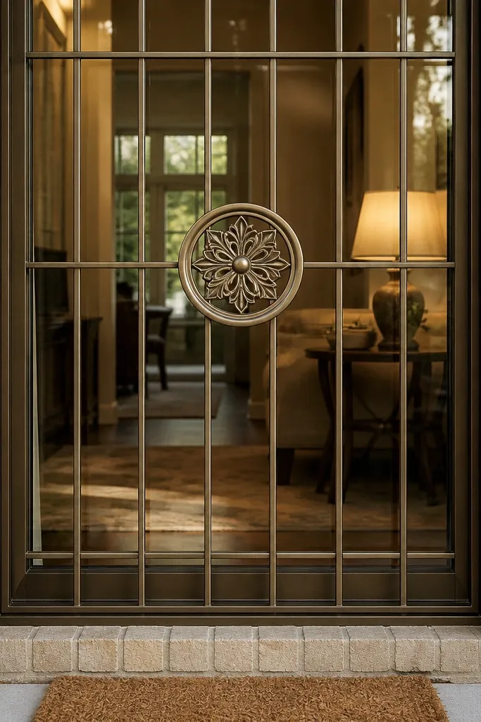 Warm bronze grill with classical vertical bars and a center medallion