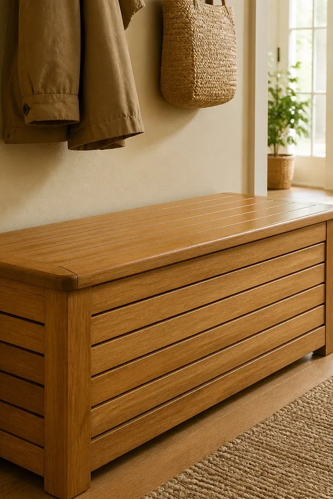 Bench with warm wood slats and lift-up top showing shoe storage inside