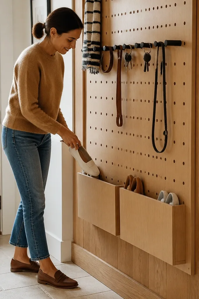 Pegboard wall with hooks and small hidden shoe bins underneath