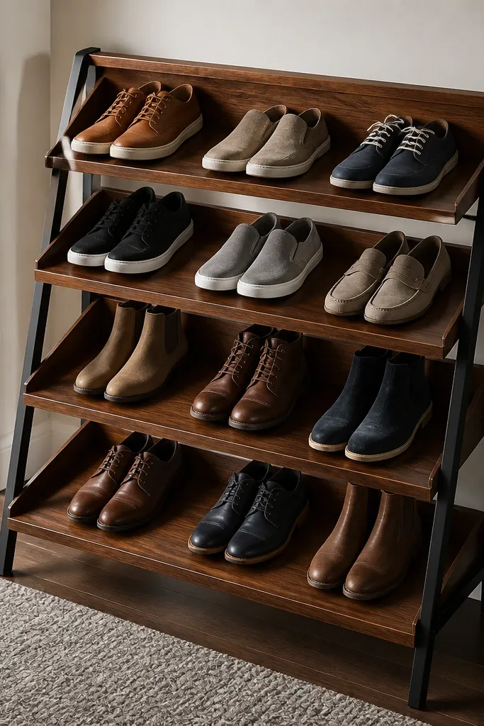 Slanted shoe rack with metal frame and wood shelves for sneakers
