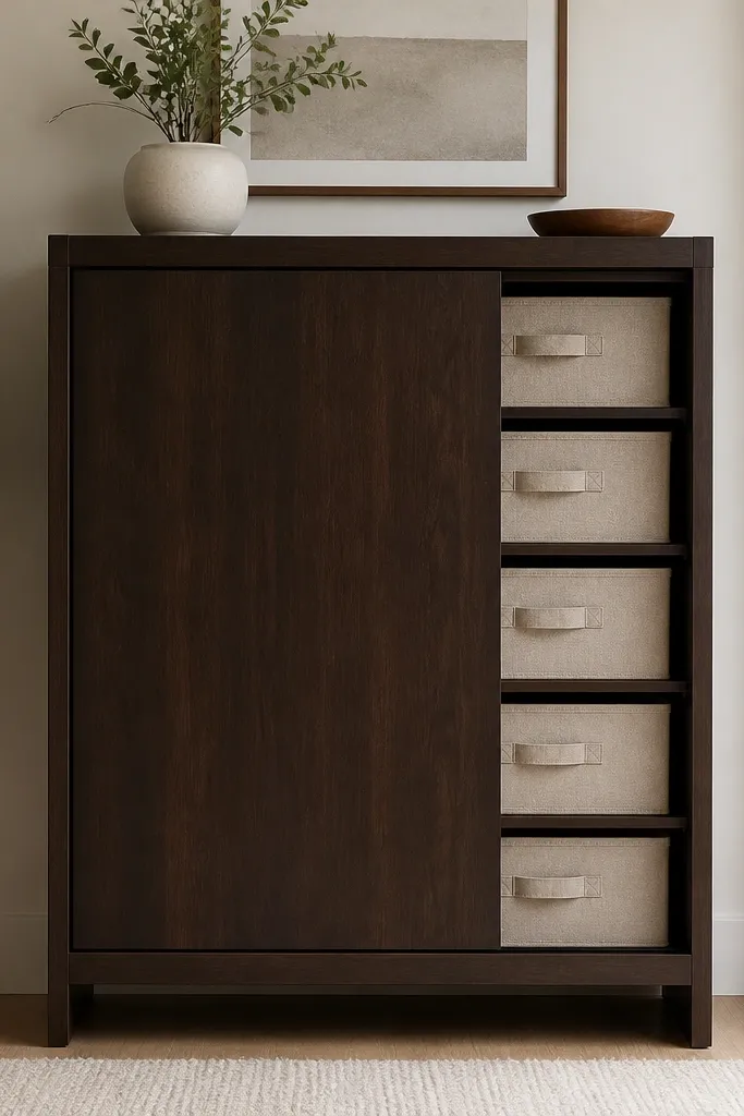 Closed cabinet with fabric drawer cubes storing shoes neatly
