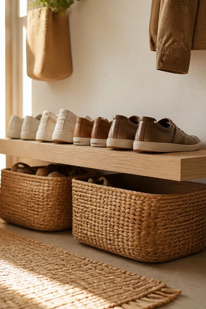 Floating wooden shoe ledge with woven baskets underneath on wall