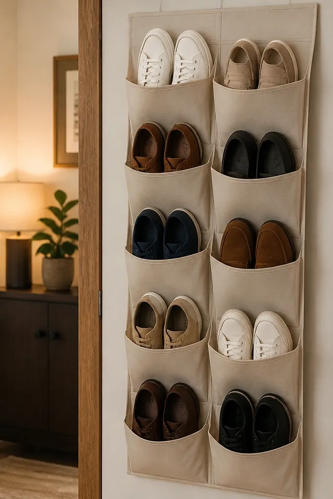 Angled compartments on the back of a door holding pairs of shoes