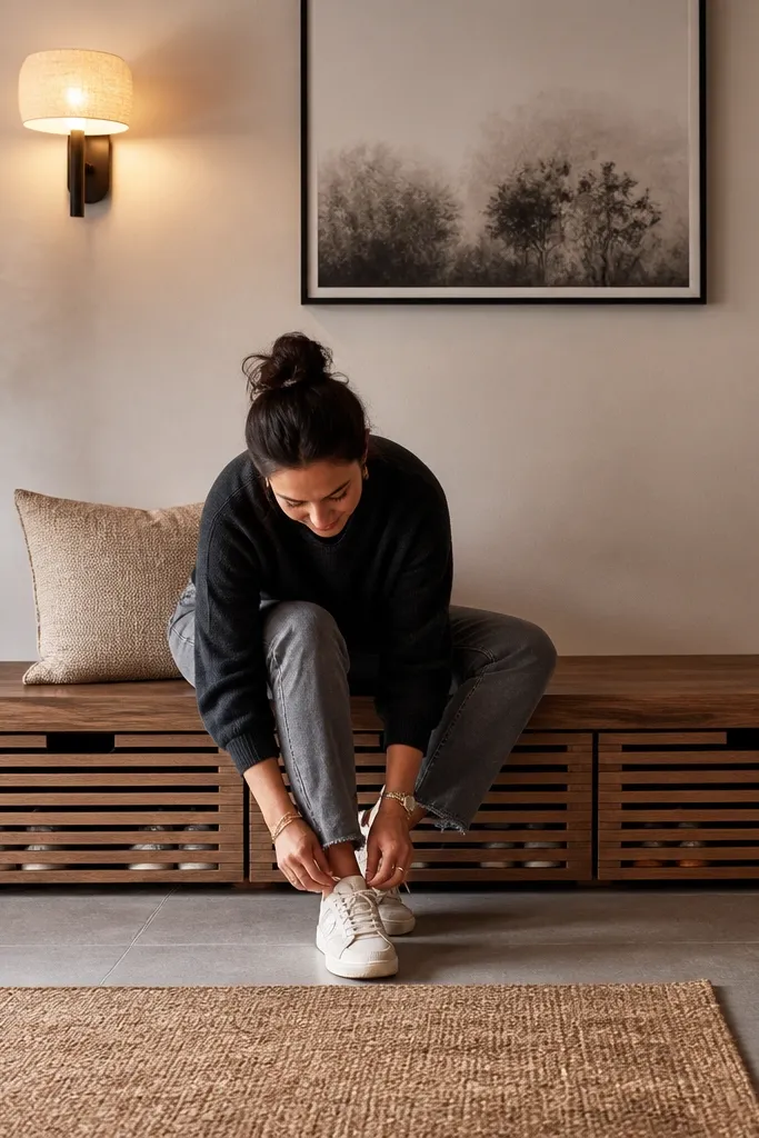 Benchtop over drawers with slatted fronts storing sneakers
