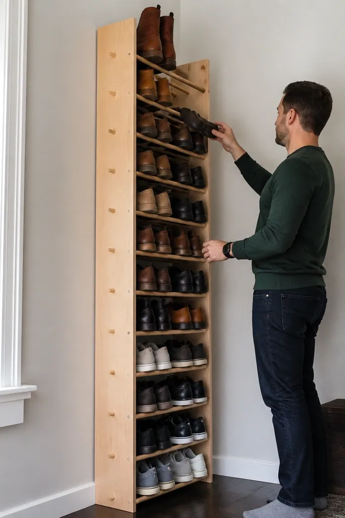 Shoe rack tower with adjustable wooden dowels holding shoes upright