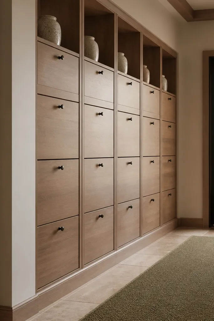Wall cubby units with small hidden trays for shoes