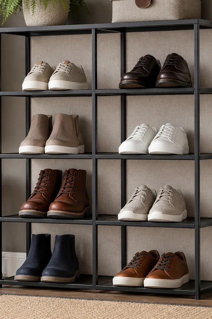 Open grid shoe shelf with fabric panels hanging behind
