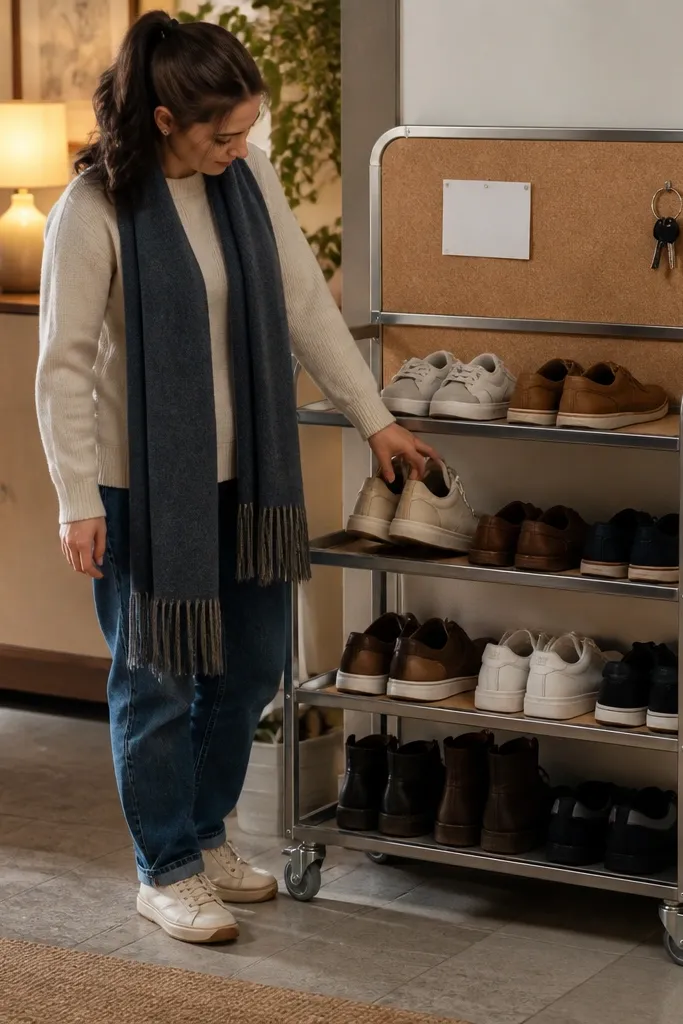 Rolling shoe cart with cork back panel and shelves for shoes