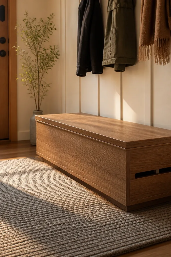 Bench with flip-open top and side vent ledges for shoes