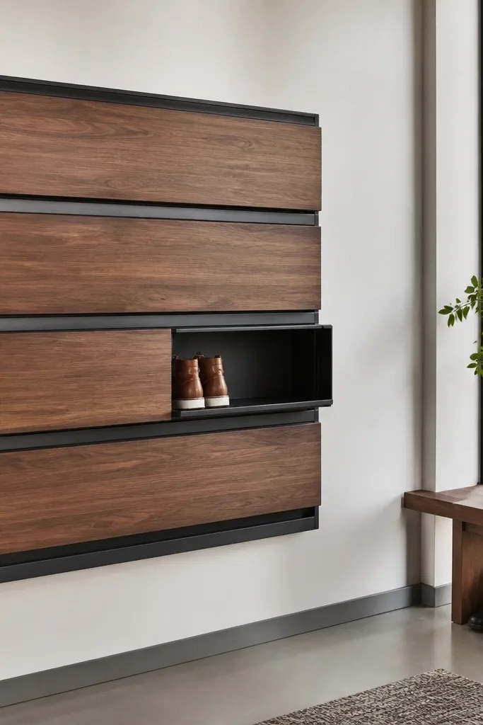 Wall-mounted shoe frames with sliding panels covering shoe slots