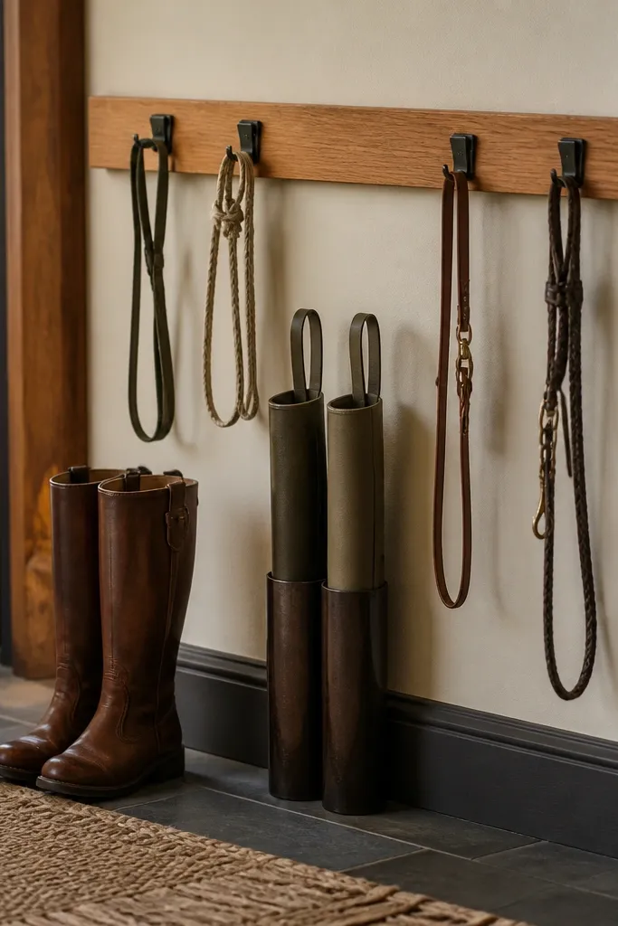 Wooden rail with magnetic clips and boot stands for organized shoes