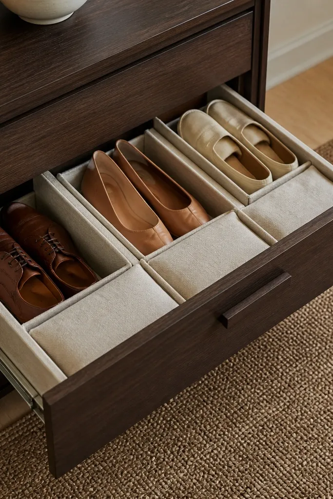 Shallow console drawer with linen-lined bins for shoes