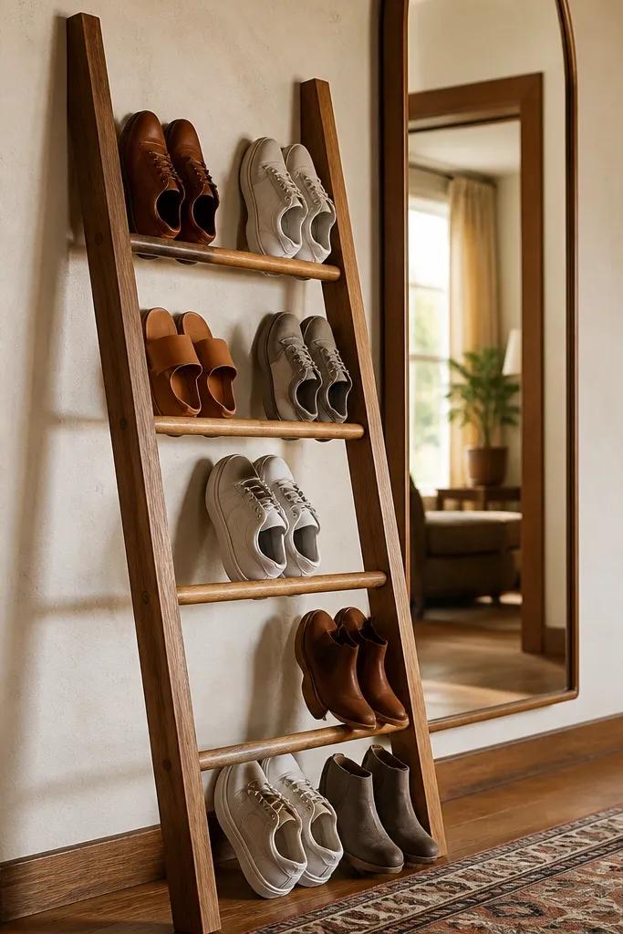 Ladder-style shoe storage with side rails and evenly spaced shoe shelves