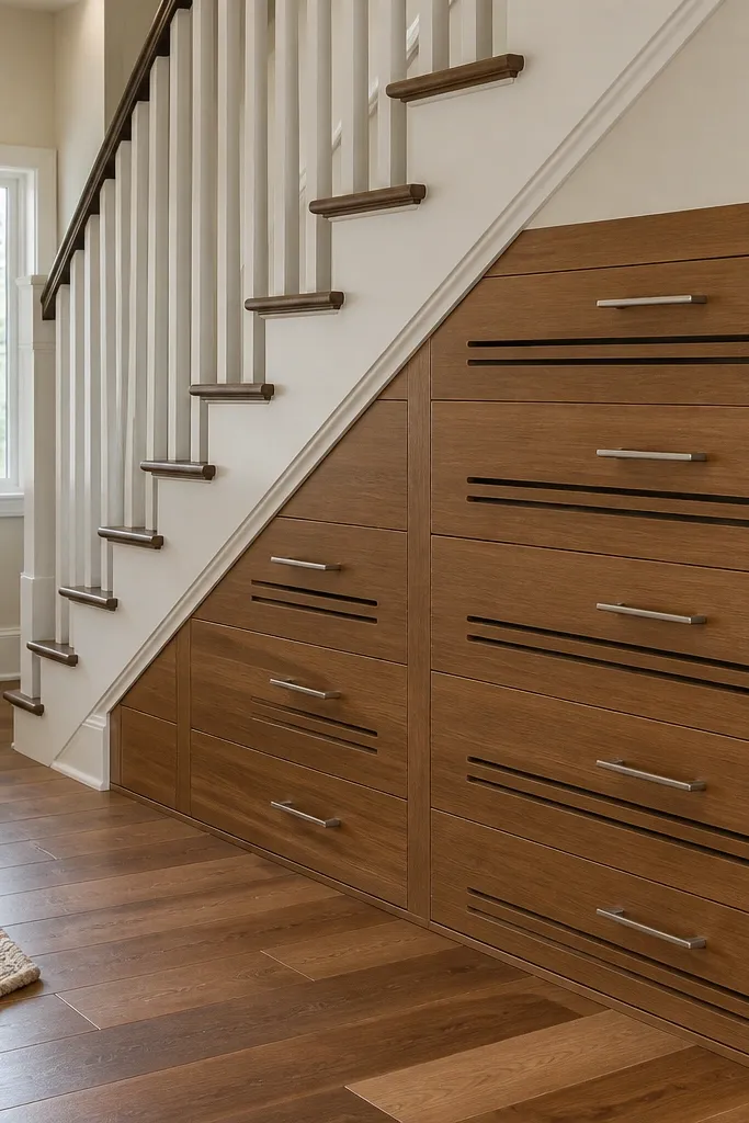 Under-stair drawers storing shoes with vent slots on the inside