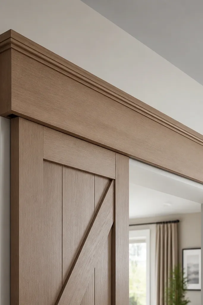 Wooden header box trim above a sliding door with a clean shadow line