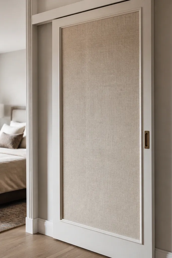 Beige linen fabric framed in wood on a sliding door panel