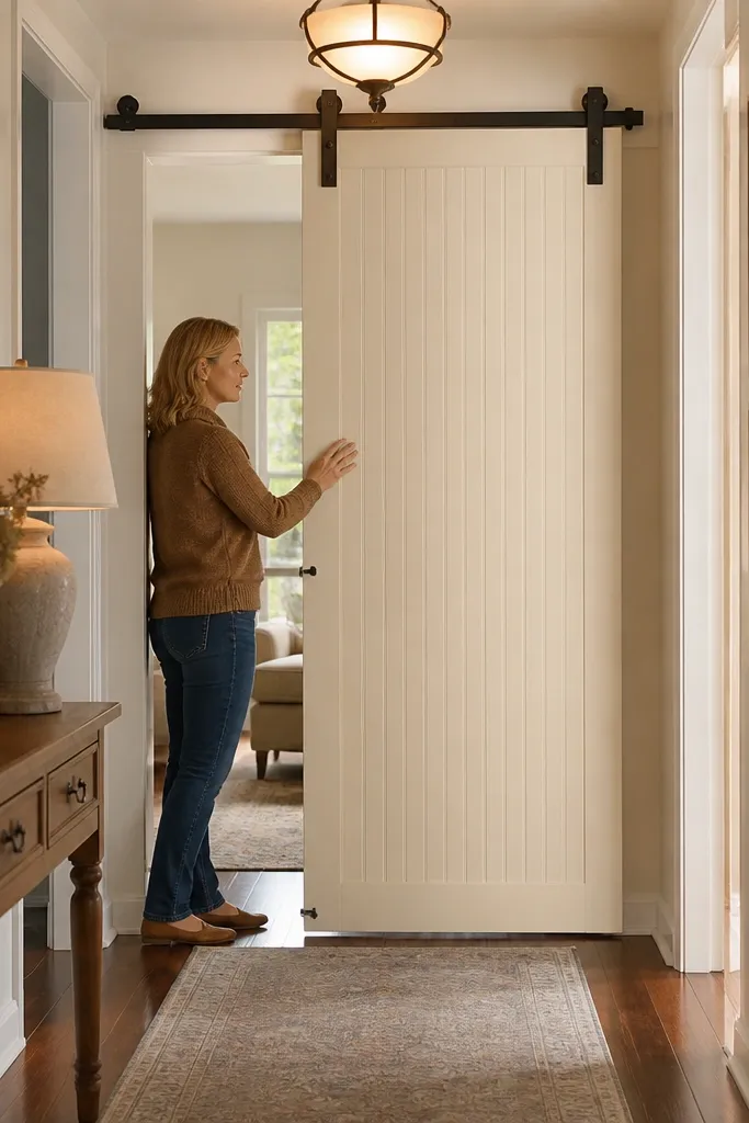 White beadboard panels on a sliding door with a matte finish