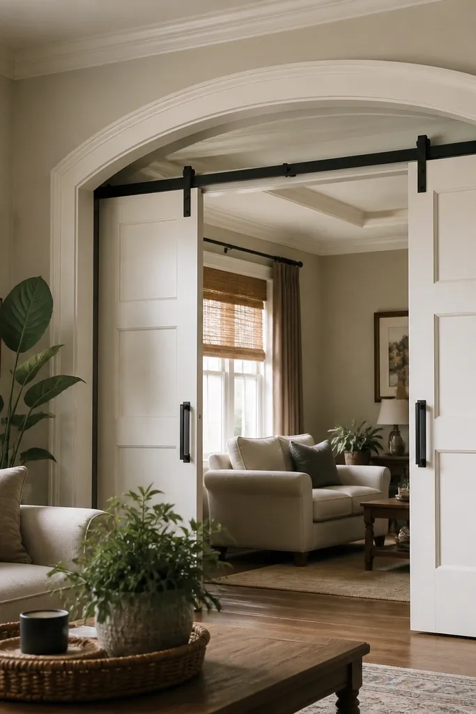 Rounded arch trim above a sliding door with warm white paint
