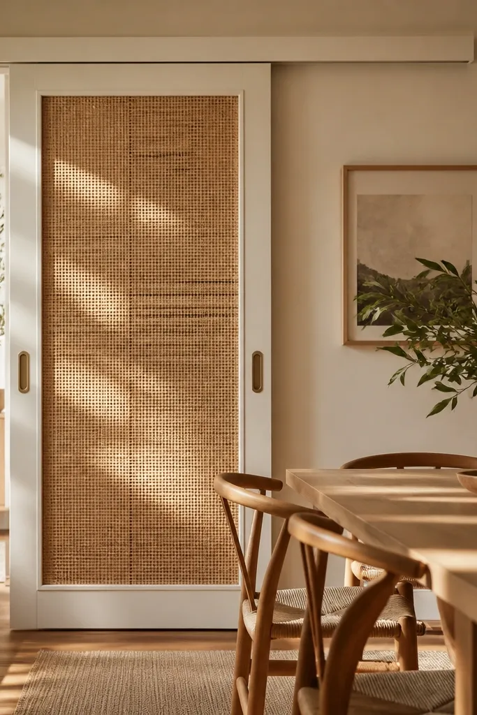Woven rattan insert framed in pale wood on a sliding door