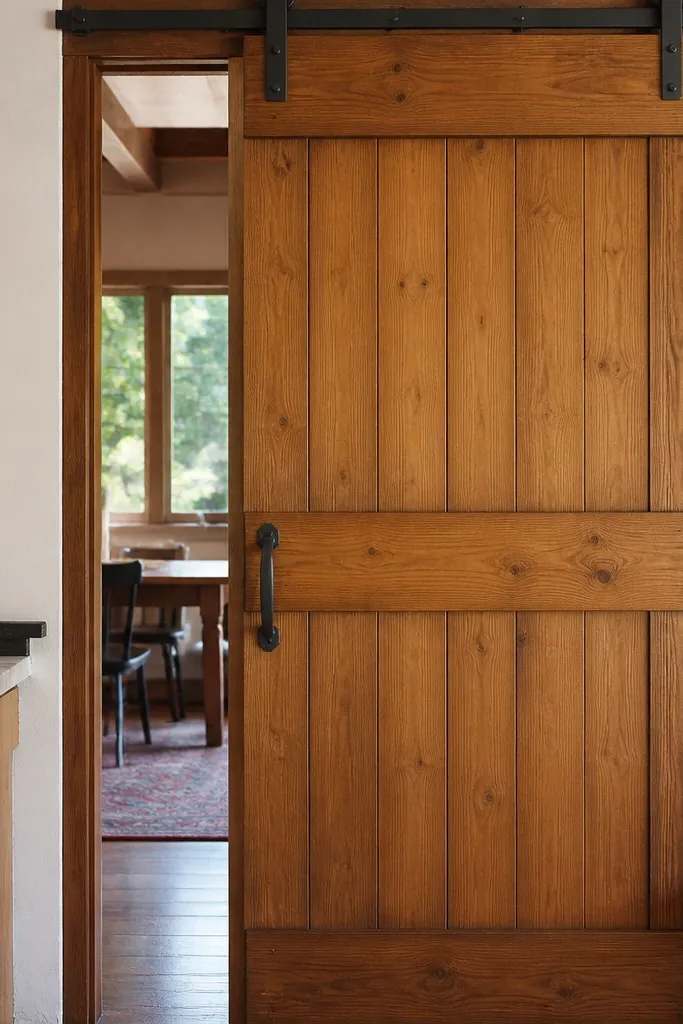 Cedar wood planks on a sliding door with warm matte finish