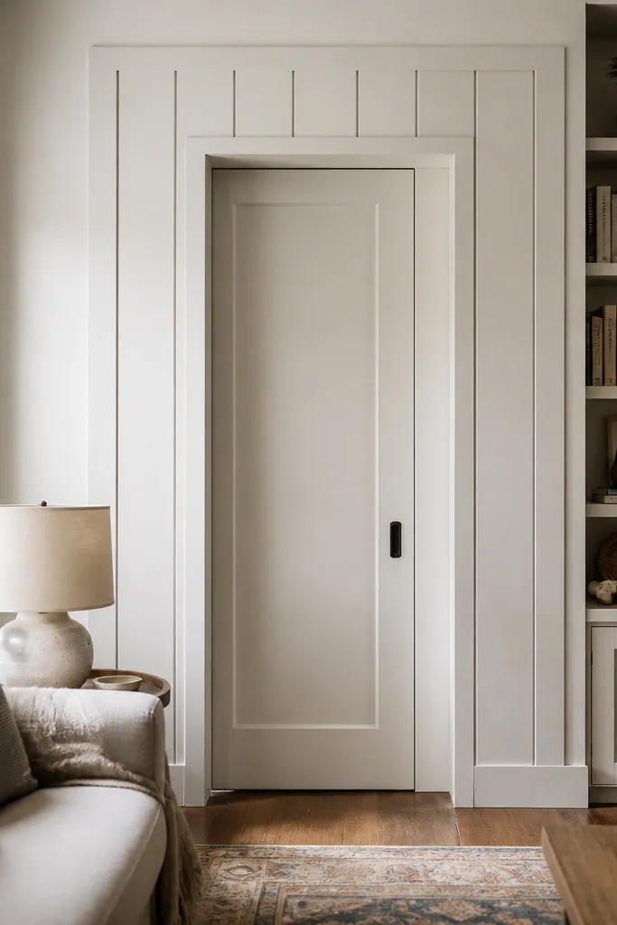 Vertical shiplap frame around a sliding door opening with centered panel