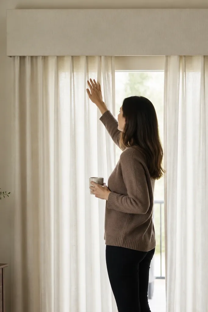 Sheer curtains stacked behind a wood valance above a sliding door