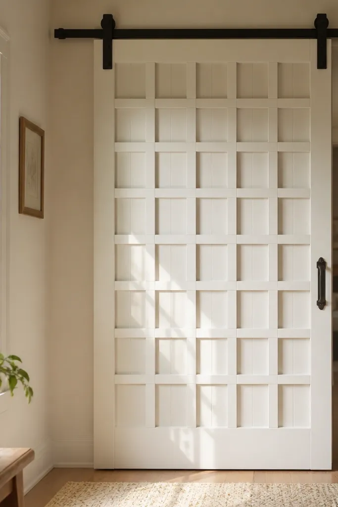 White plywood lattice pattern on a sliding door with warm trim