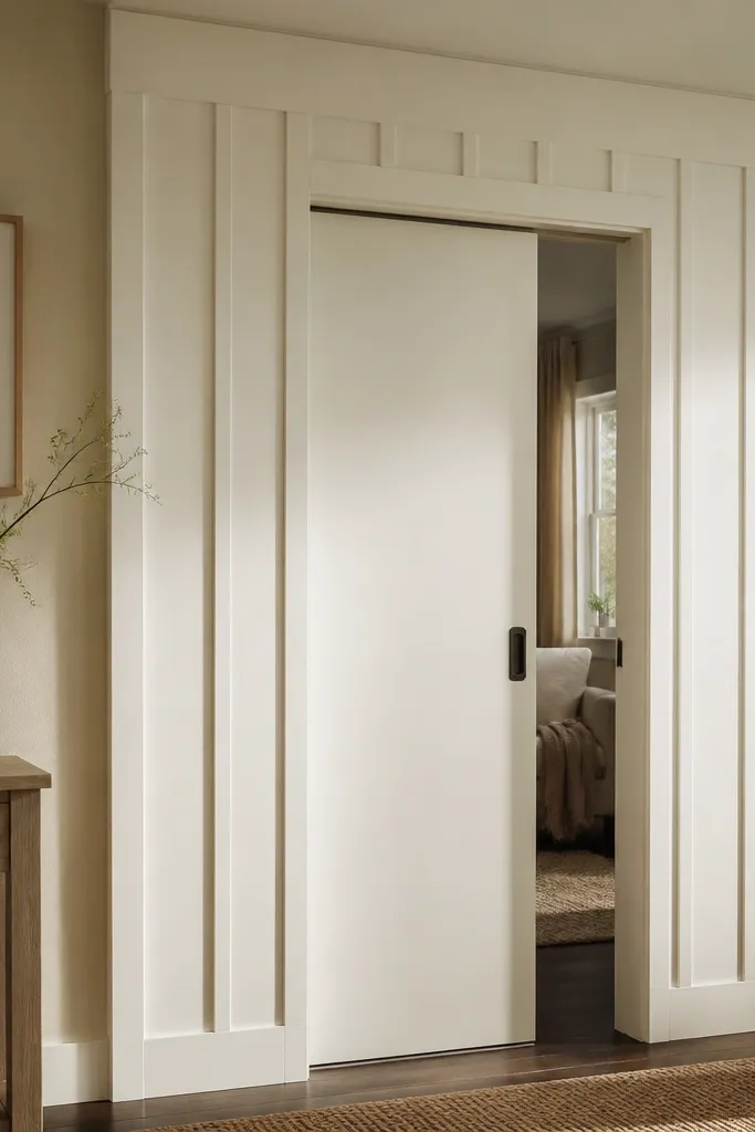 Board-and-batten frame around a sliding door opening painted warm white