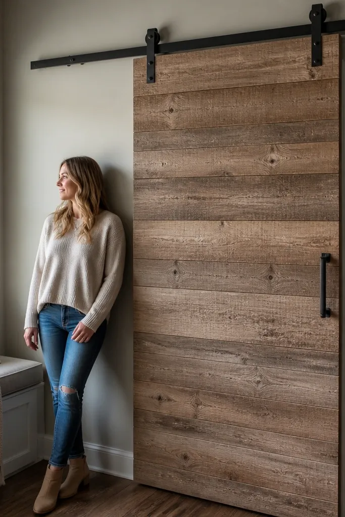 Barnwood-look shiplap paneling covering a sliding door face