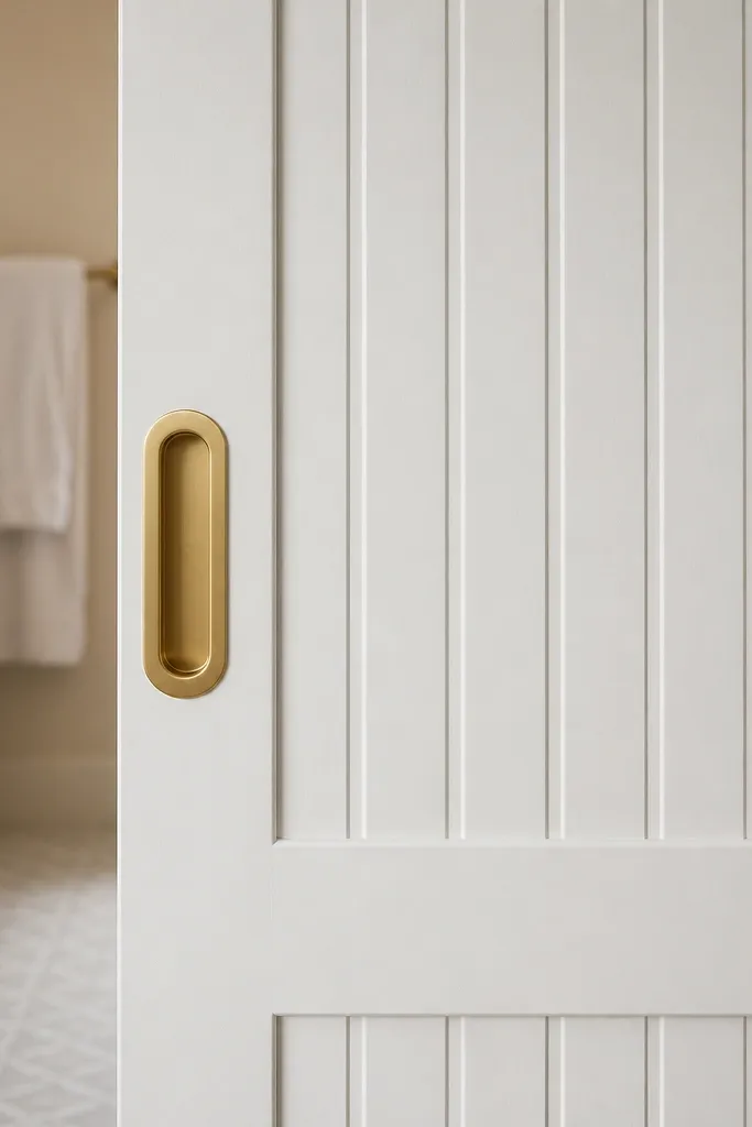 Matte white beadboard sliding door with warm brass handle and frame trim