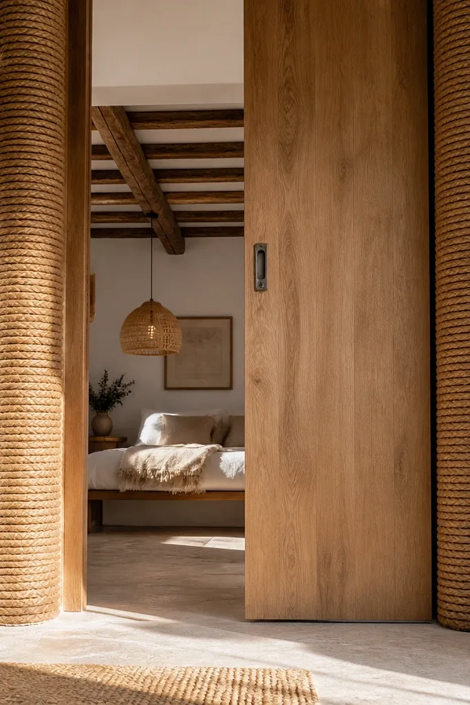 Cozy rope-wrapped posts on both sides of a sliding door opening