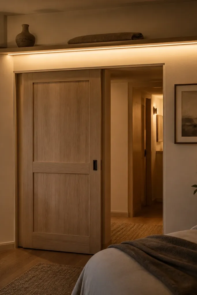 Small shelf above sliding door with warm under-shelf light and decor