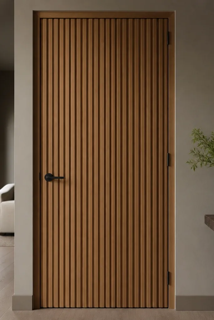 Matte wood slats on sliding door face with alternating spacing