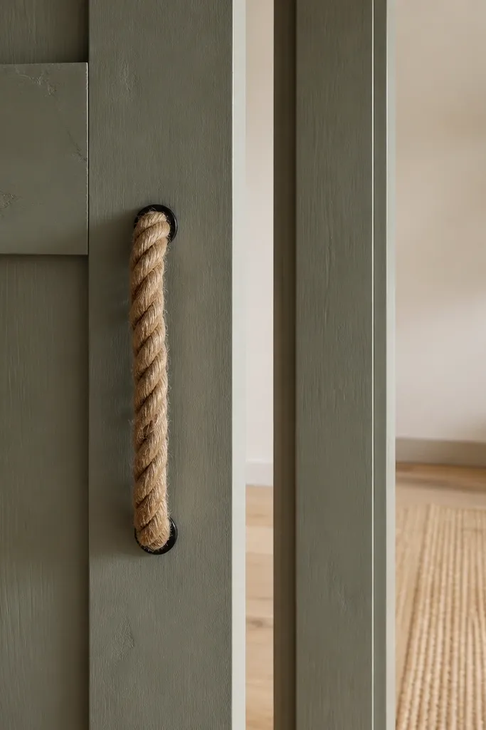 Twisted rope pull handle on a sliding door with warm wood trim