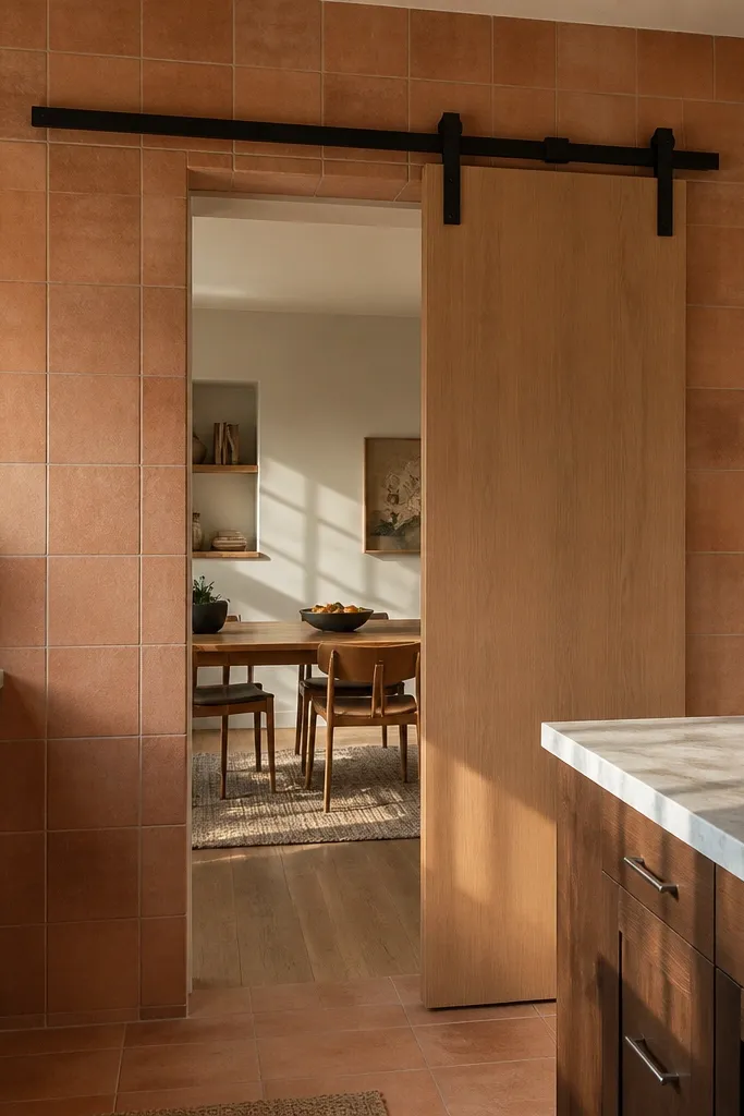 Small matte tile border around sliding door opening with warm neutral palette