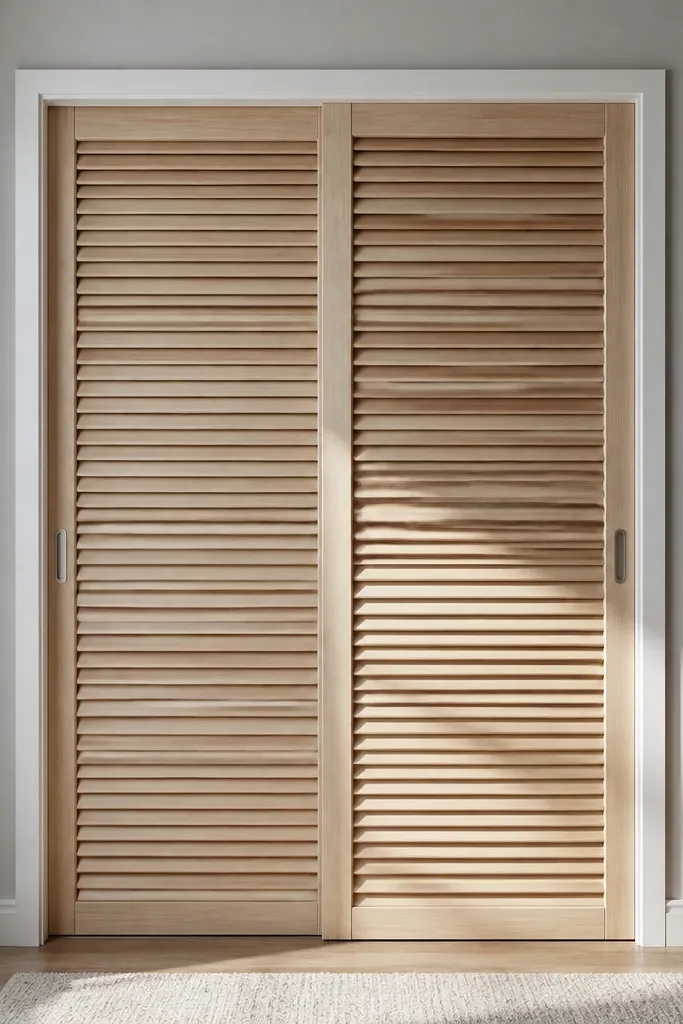 Wood louver panel on sliding door with thin trim frame