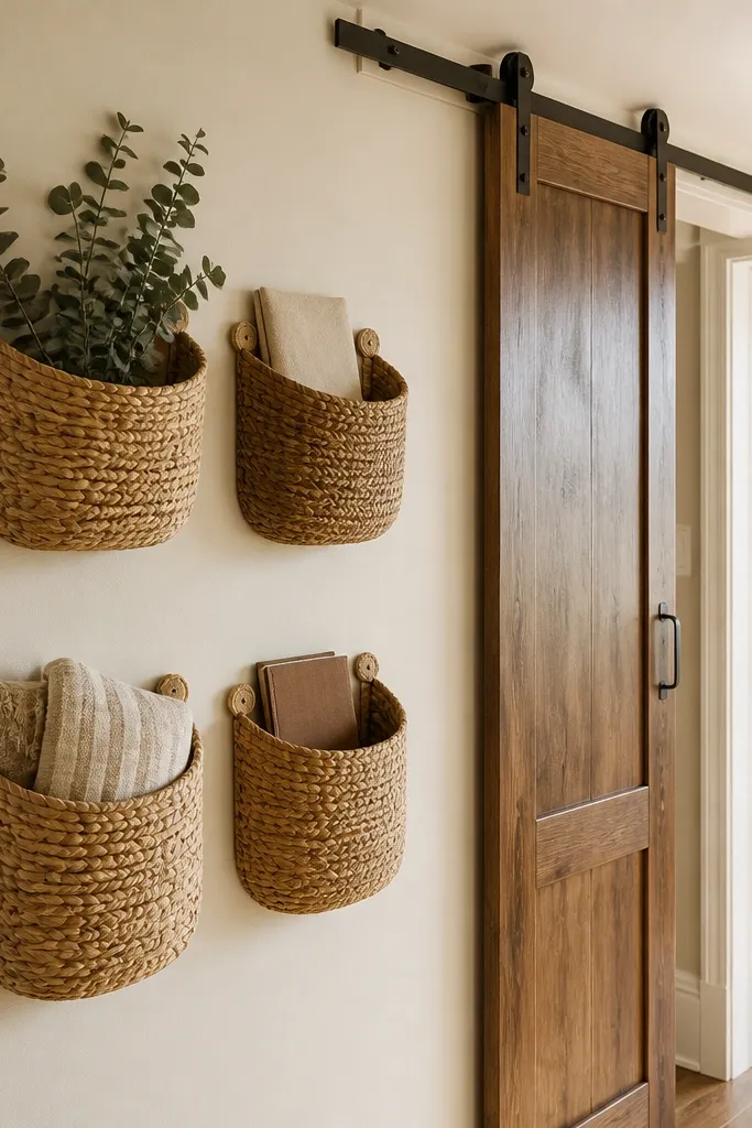 Woven wall pockets mounted next to sliding door opening with warm tones