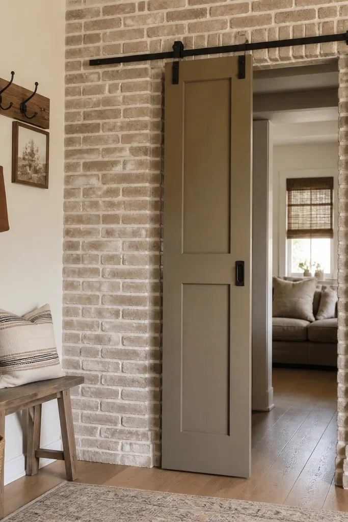 Soft painted faux brick border around sliding door opening