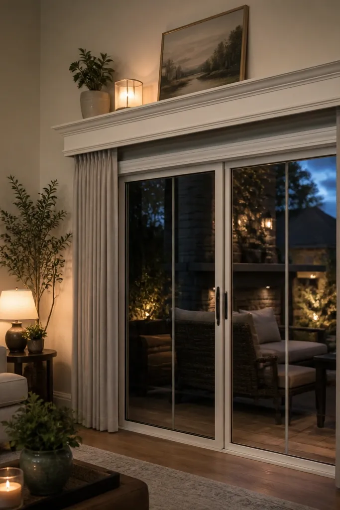 Mantel-style shelf above sliding door with warm decor and soft lighting