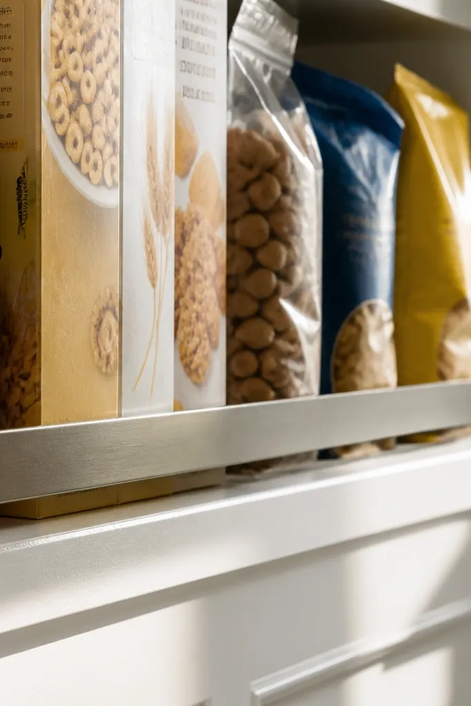 Small pantry shelf with a raised front lip stopping boxes from sliding