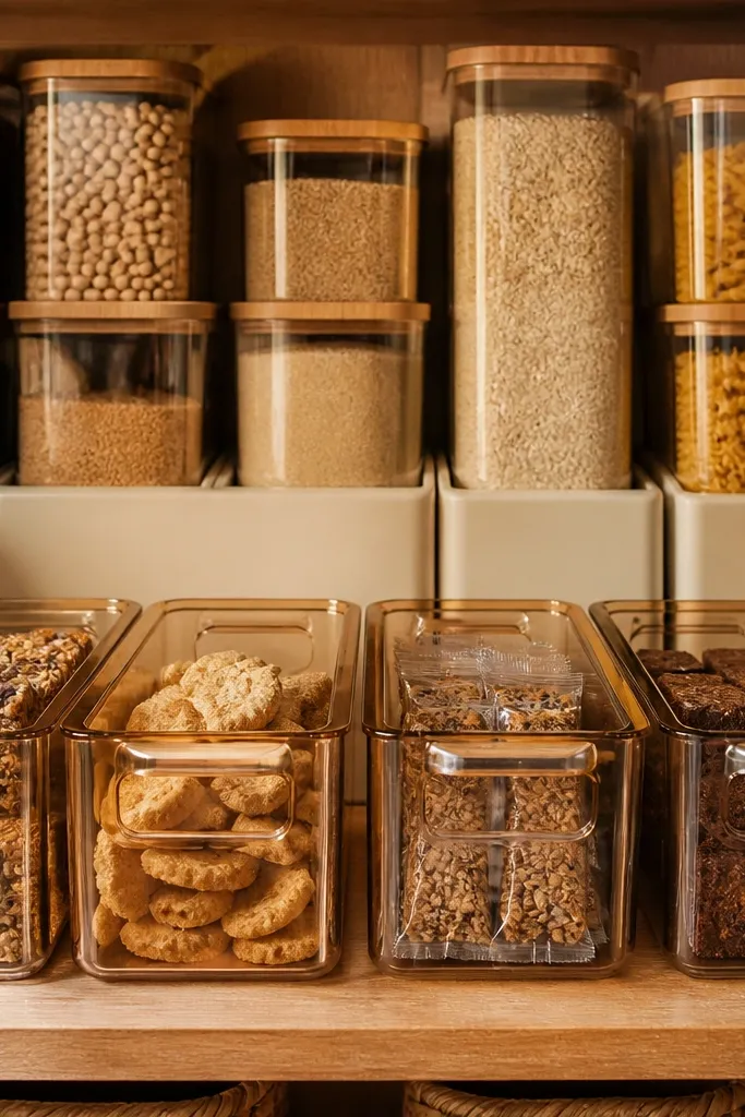 Pantry shelves split into lower and upper zones with repeating bin heights