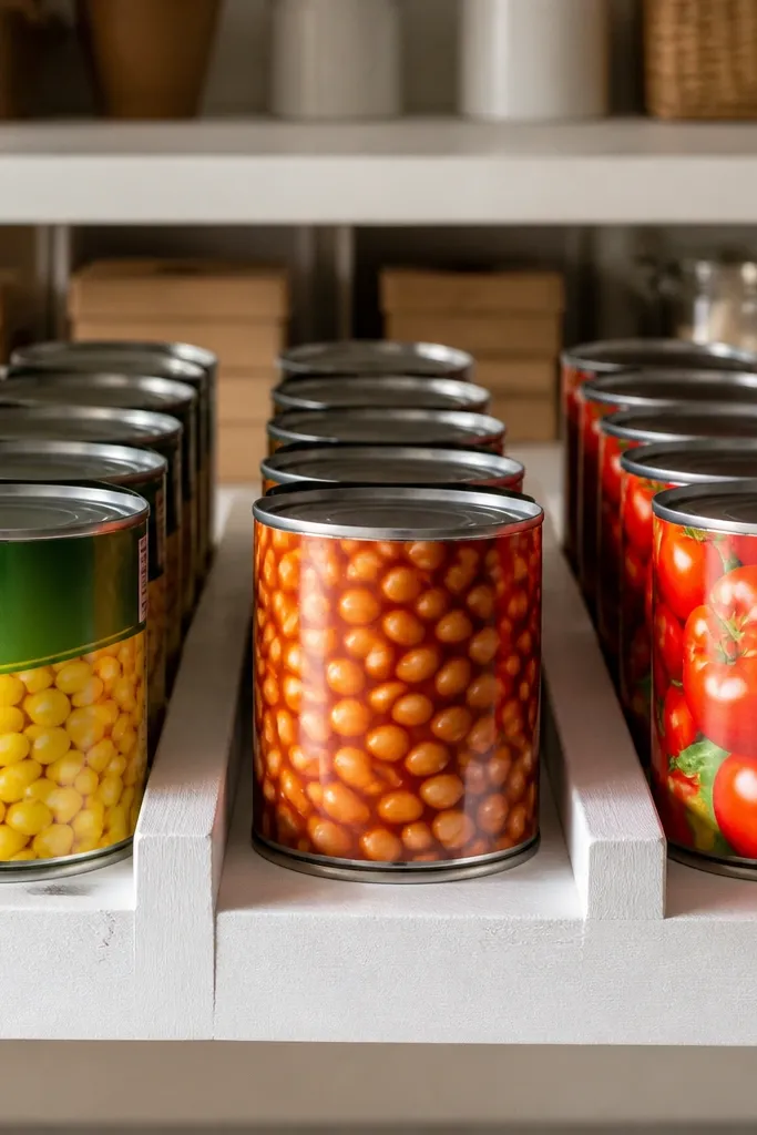 Pantry shelf with a row divider creating separate can lanes