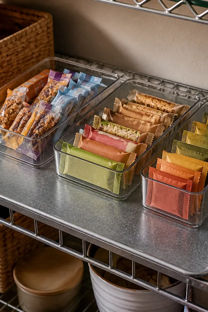 Pantry wire shelf covered with fitted wood or plastic trays and bins